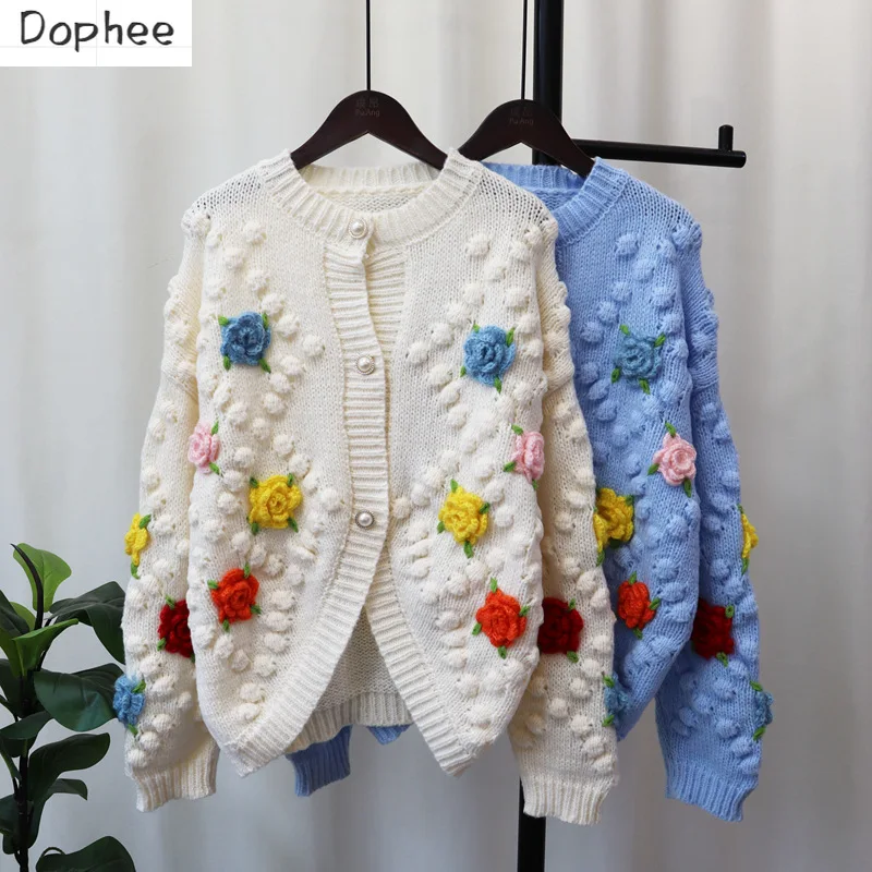 

Dophee 3d Flowers Women Sweater Coat 2023 New Autumn Winter Loose Single-breasted Knitted Cardigans Cute Age Reduction Tops