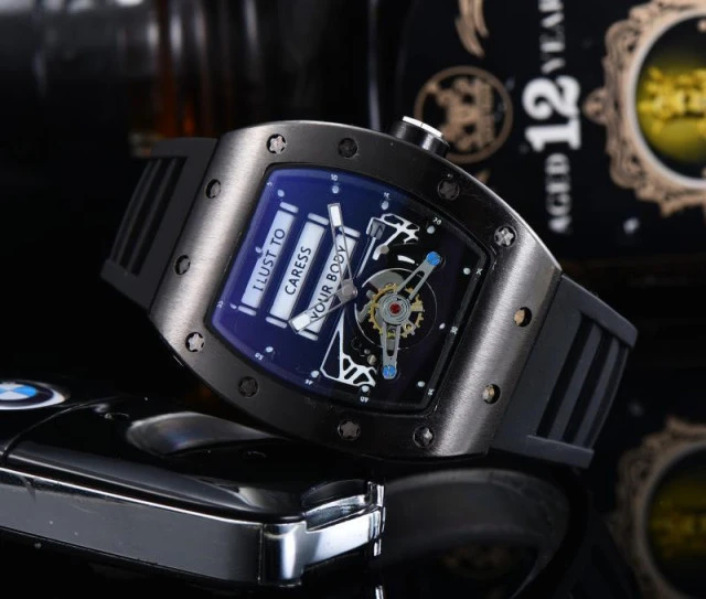 Fashion Men Sport Watch Richard Tonneau Dial Hollow Quartz Wristwatches Waterproof Rubber Strap Luxury Mens Skeleton Watches