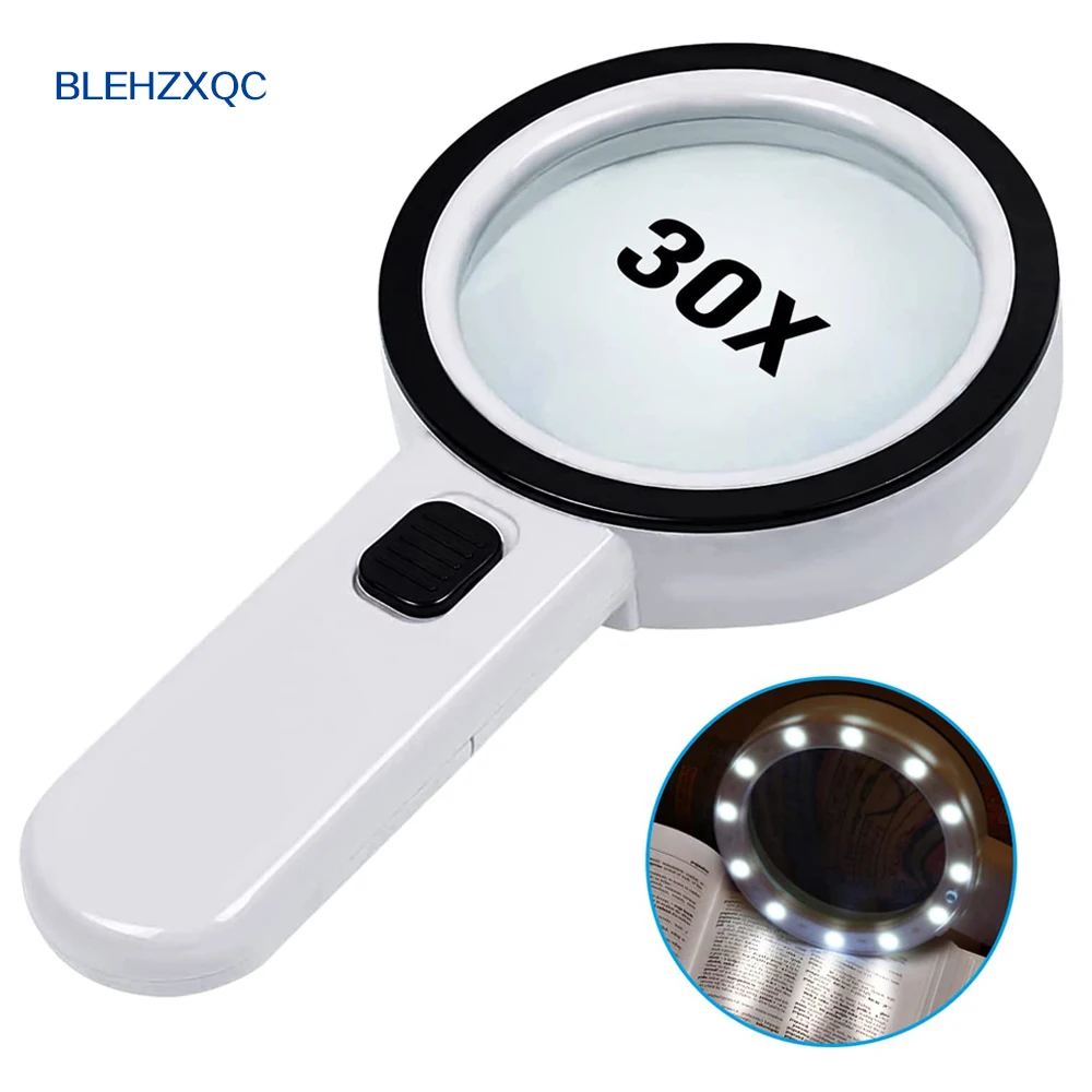 

30X Illuminated Magnifier Loupe Jewelry Magnifying Glass With 12 LED Magnifiers Handheld For Seniors Reading Watch Repair