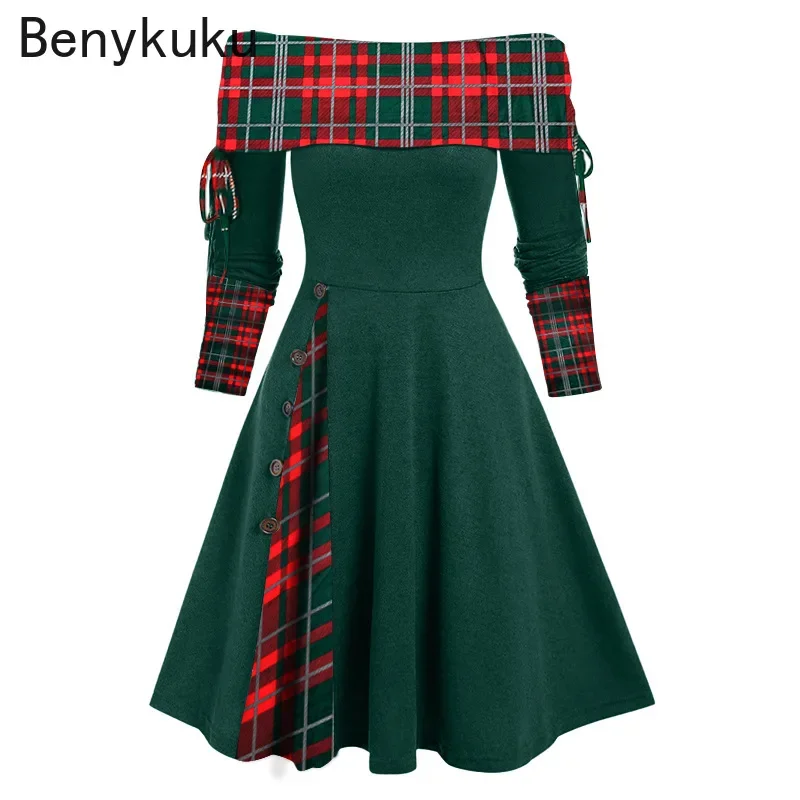 

Off Shoulder Plaid Vintage Long Sleeve Dress Women Convertible Cinched Striped Foldover Knitted Skirt Jurken Waist Wrap Dresses