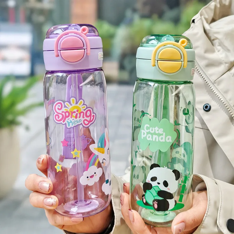 600ml High Quality Cartoon Plastic Water Bottle With Straw BPA Free Leak-Proof Durable Unbreakable Kids Drinking Bottle