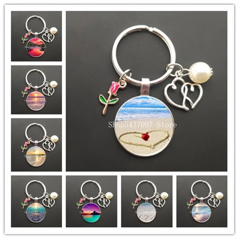 Valentine's Day Sunrise Seaside Sunshine Beach Keychain Landscape Painting Round Glass Keychain Love Valentine's Day Jewelry