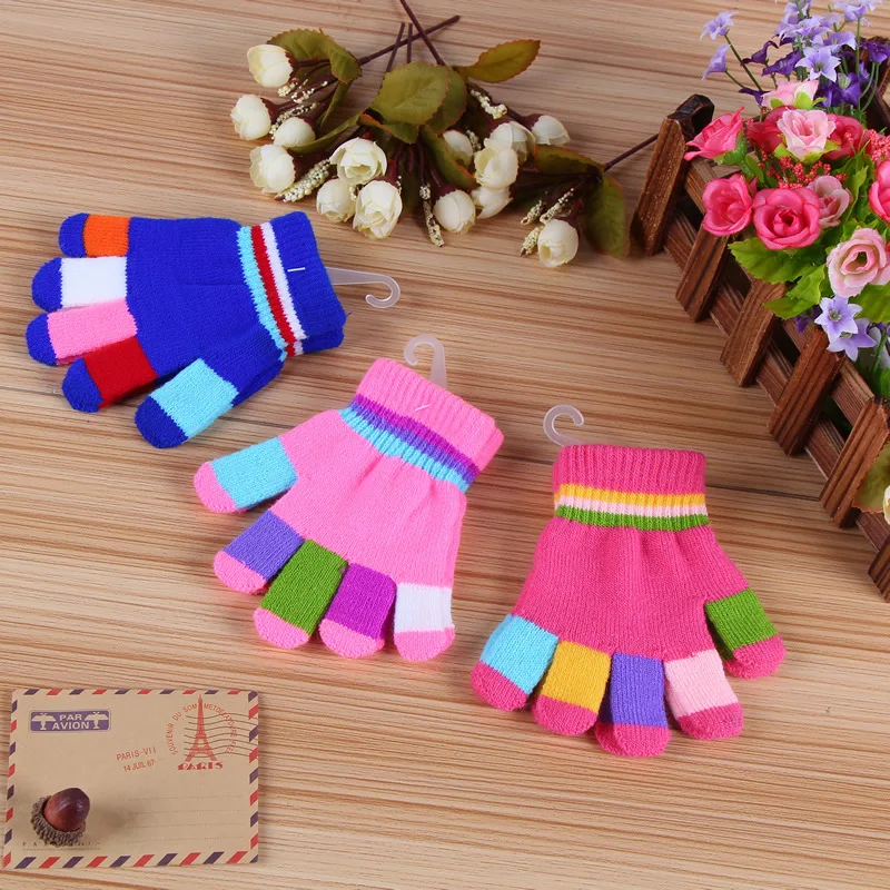 Winter Kids Knitted Gloves Rainbow Stripe Boys Girls Warm Mittens Autumn Colorful Children Elastic Full Finger Glove