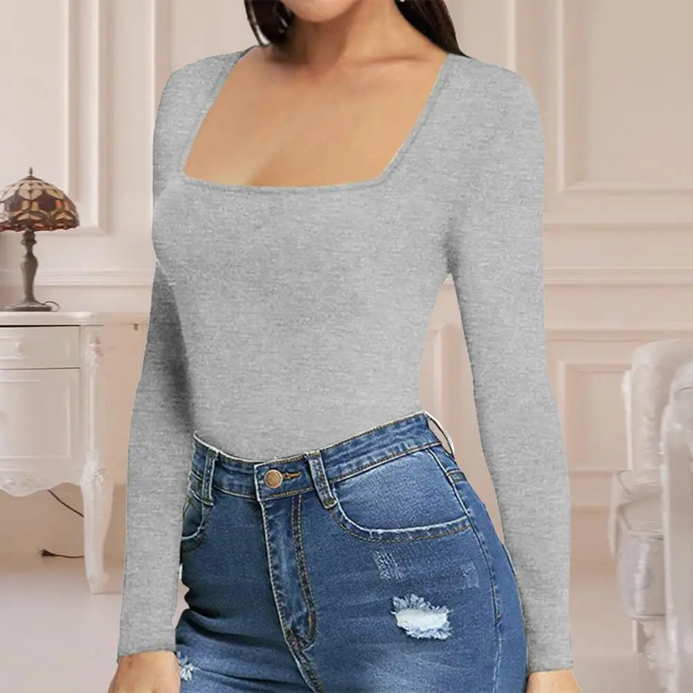 

Women Bodysuit Solid Color Breathable Soft Square Neck Long Sleeves Match Pants Slim Fit Stretchy Spring Playsuit Women Clothes