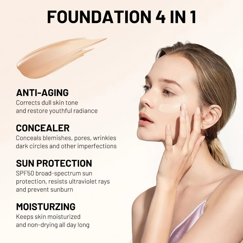 4 in 1 Foundation Liquid Hydrating Medium Full Coverage Concealer SPF 50+ Longwearing Waterproof Foundation Natural Face Makeup 2