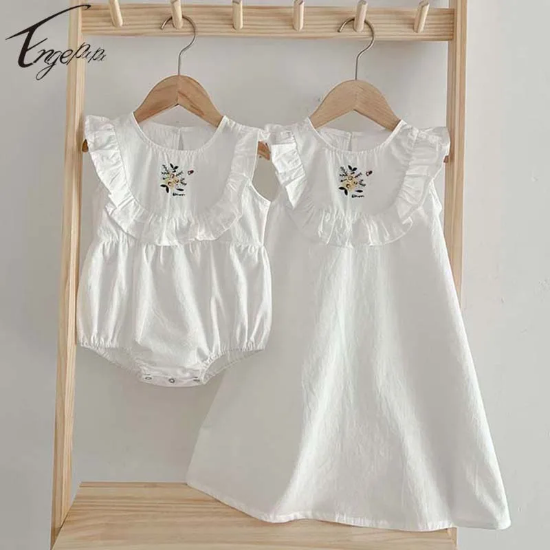 

Embroidered Girls Sister Clothes Toddler Flowers Rompers Princess Girls Short Sleeves Dress Cotton Girls Sister Summer Clothes