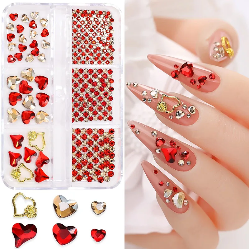1 Box Mix Red Heart Nail Rhinestones Champagne Nail Gems Kawaii Nail Charms  for Acrylic Nails Alloy Nail Studs Nail Jewelry