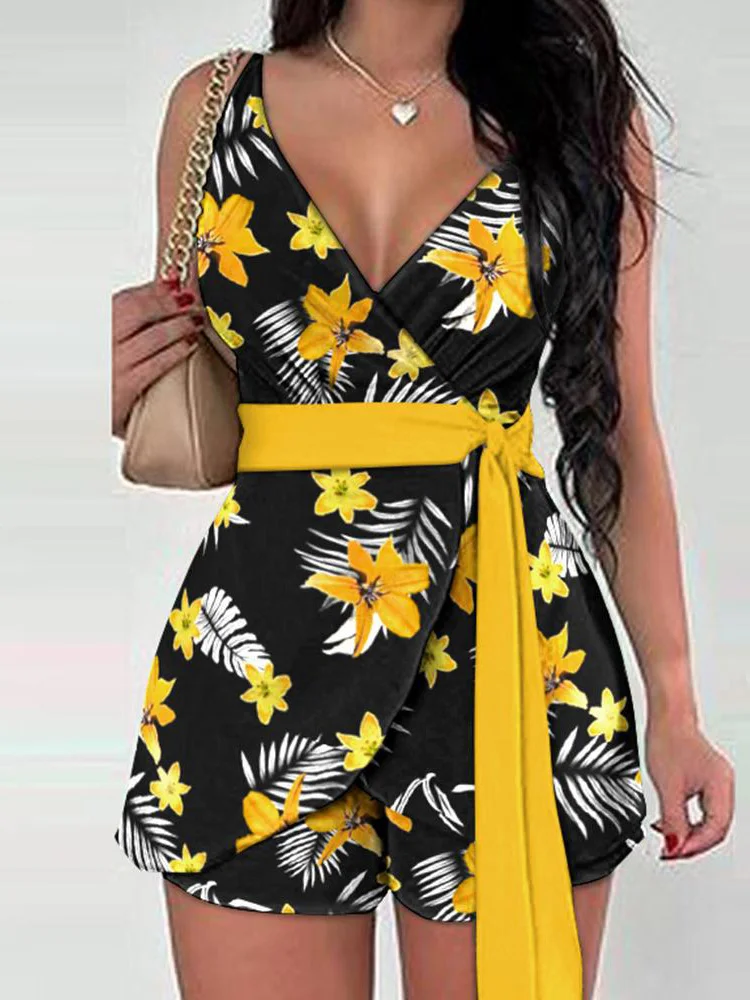 

Summer Women Fashion Loungewear Suits Printing Lace-Up V-Neck Shorts 2PCS Outfit Sleeveless Slim Ladies Matching Sets Streetwear