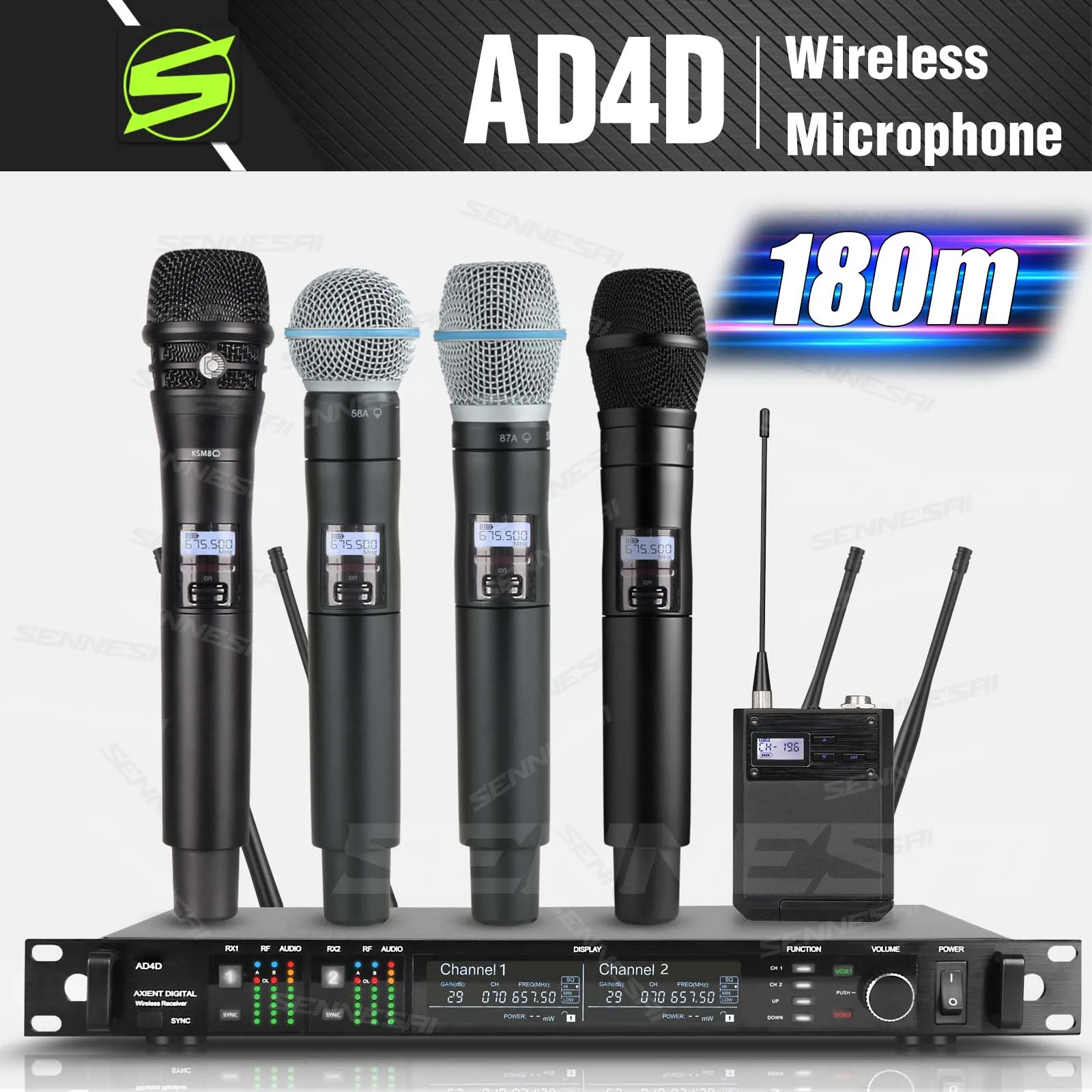 

New！AD4D/KSM8 Digital Wireless Microphone (Whole Metal) Dual Channel Professional Receiver Diversity Stage Dynamic/Condensor Mic