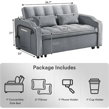 Sofa with 2, seats3 in 1 Convertible Sleeper Sofa, Velvet Pull Out Couch Futon, Living Room Furniture 2