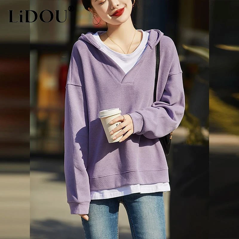 Spring Autumn New Solid Color Fashion Long Sleeve Hooded Sweatshirts Women High Street Fake Two Pieces All-match Pullovers baimushi y2k streetwear versatile sweater new retro hole fake two sweaters for men high street fashion punk style casual sweater