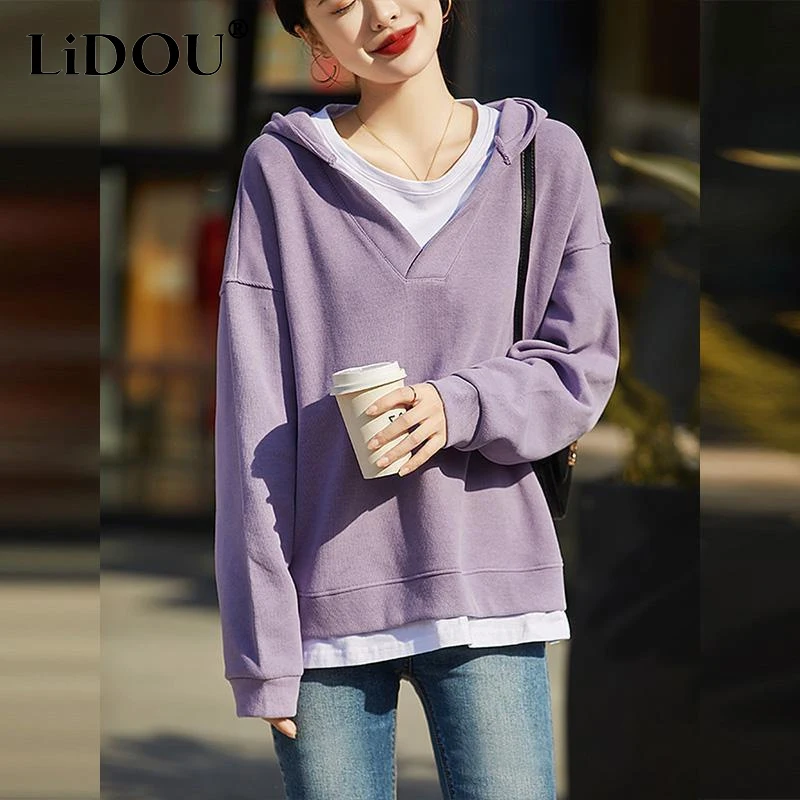 Spring Autumn New Solid Color Fashion Long Sleeve Hooded Sweatshirts Women High Street Fake Two Pieces All-match Pullovers