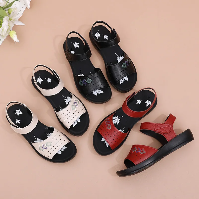 Summer Fashion Genuine Leather Ladies Sandals middle-aged non-slip flat comfortable old shoes large size Soft bottom women shoes