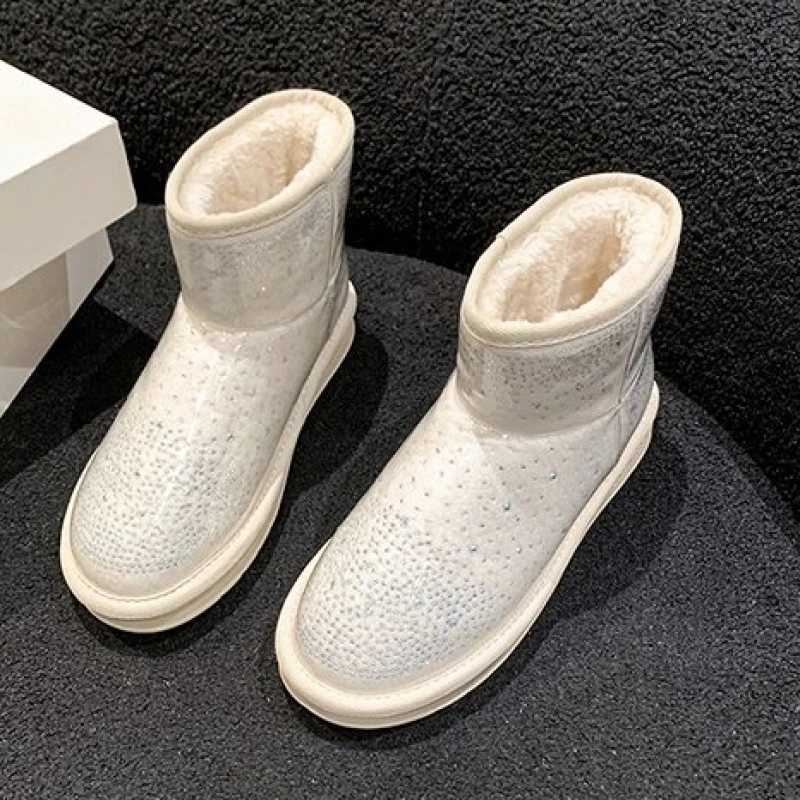 Winter Ankle Snow Boots Luxury Crystal Flats Women Shoes Plush Fur Warm Chelsea Boots Designer New Cotton Shoes Fashion Comfort