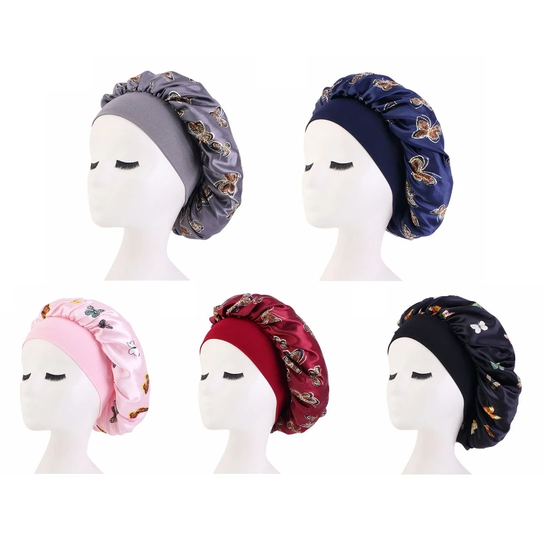 

Wide Brim Nightcap Headband for Butterfly Print Satin Hair Bonnet Chemotherapy Hat Haircare Turban Hat for Women Men