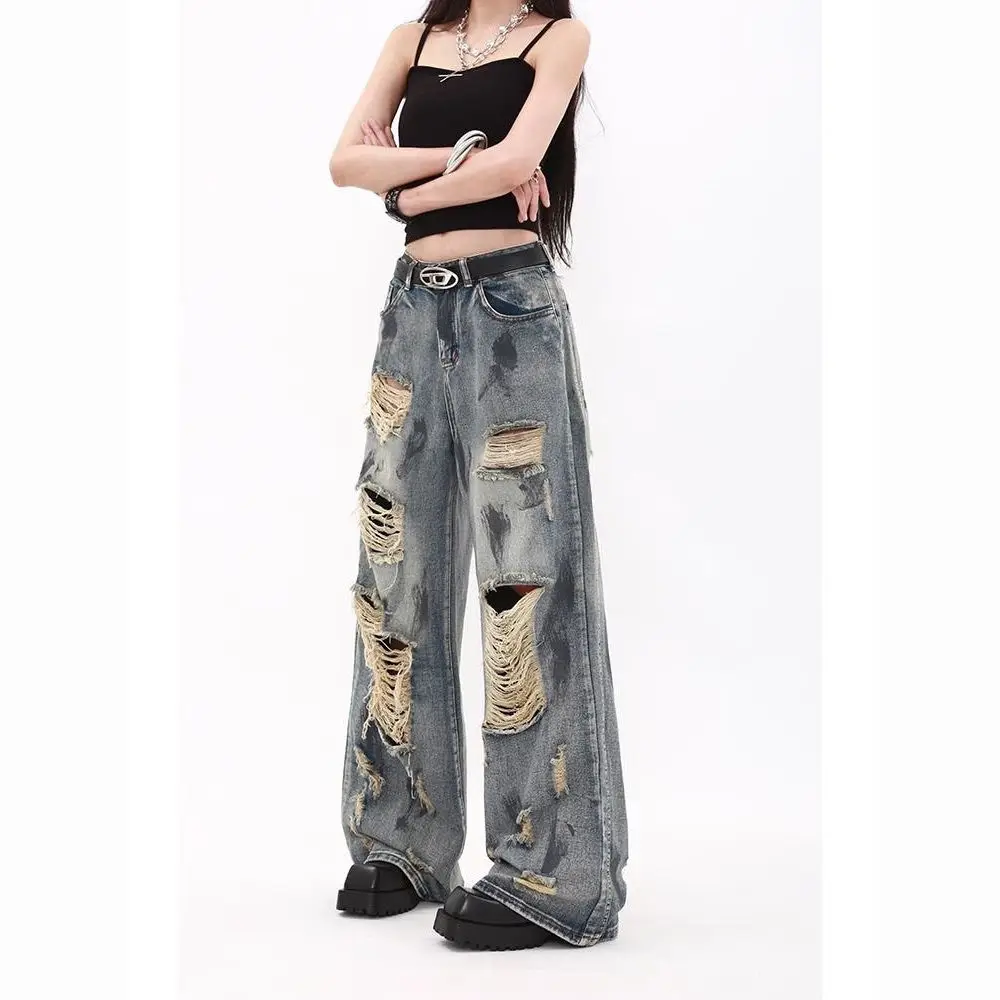 Jean ample bleu déchiré style Y2K rétro américain taille haute tendance pour hommes et femmes, coupe droite et jambe large, style hip-hop