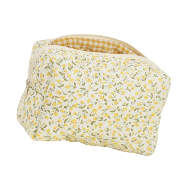 Fashionable Large Cosmetic Pouches Quilted Floral Cotton Toiletry Bag With Zippered Closure Travel Makeup Storage Case