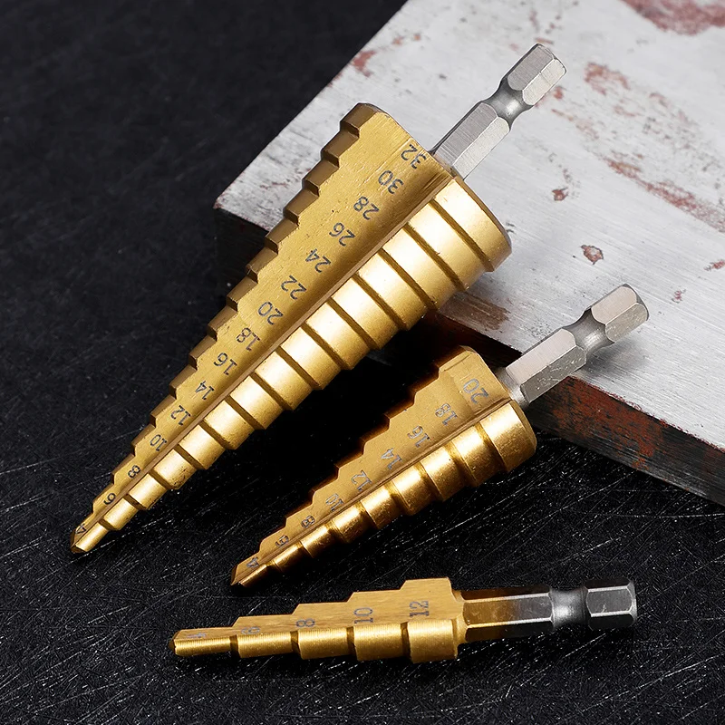 Step Drill Bit Set for Wood Titanium Coated Hard Metal Punch Hole Cutter Woodworking Tools Stepped Drills 32mm Hex Cone Bits Kit