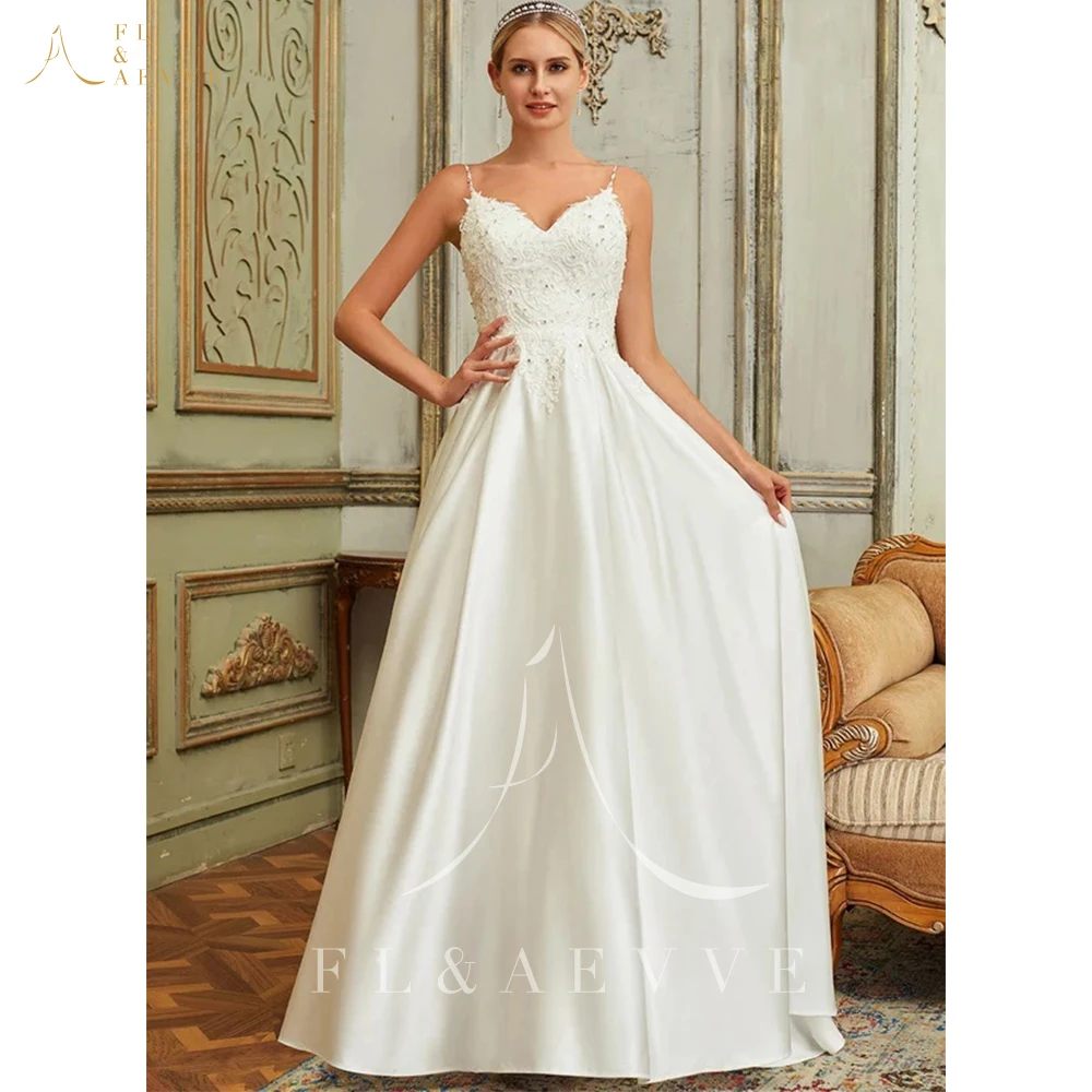 

Princess V-Neck Sweep Train Lace Satin Wedding Dress With Sequins Beading Spaghetti Straps Ball-Gown Bohemian Brides Dress