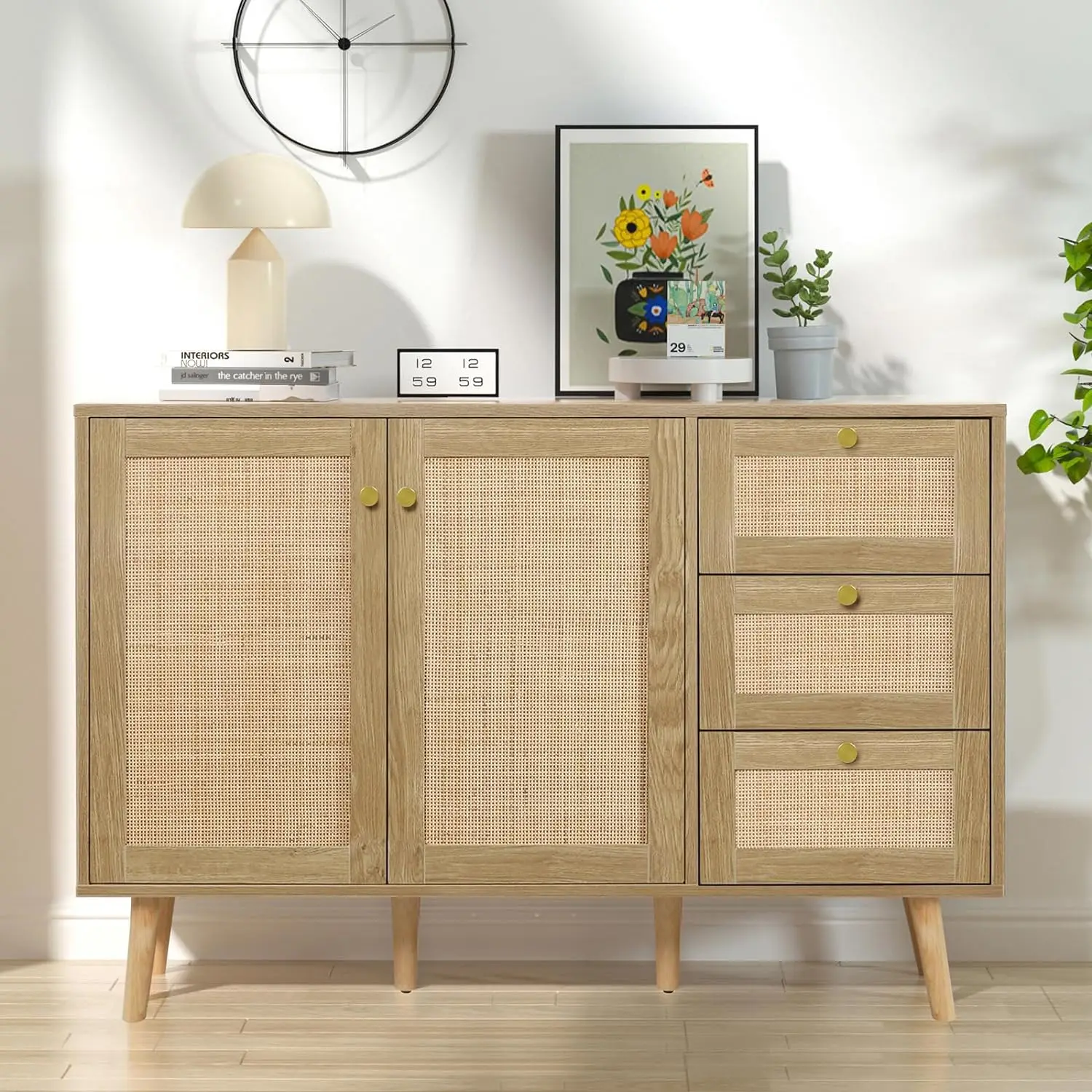 

Anmytek Rattan Sideboard Buffet Cabinet with 2 Doors and 3 Drawers, Buffet Cabinet with Storage Wood Credenza Storage Cabinet