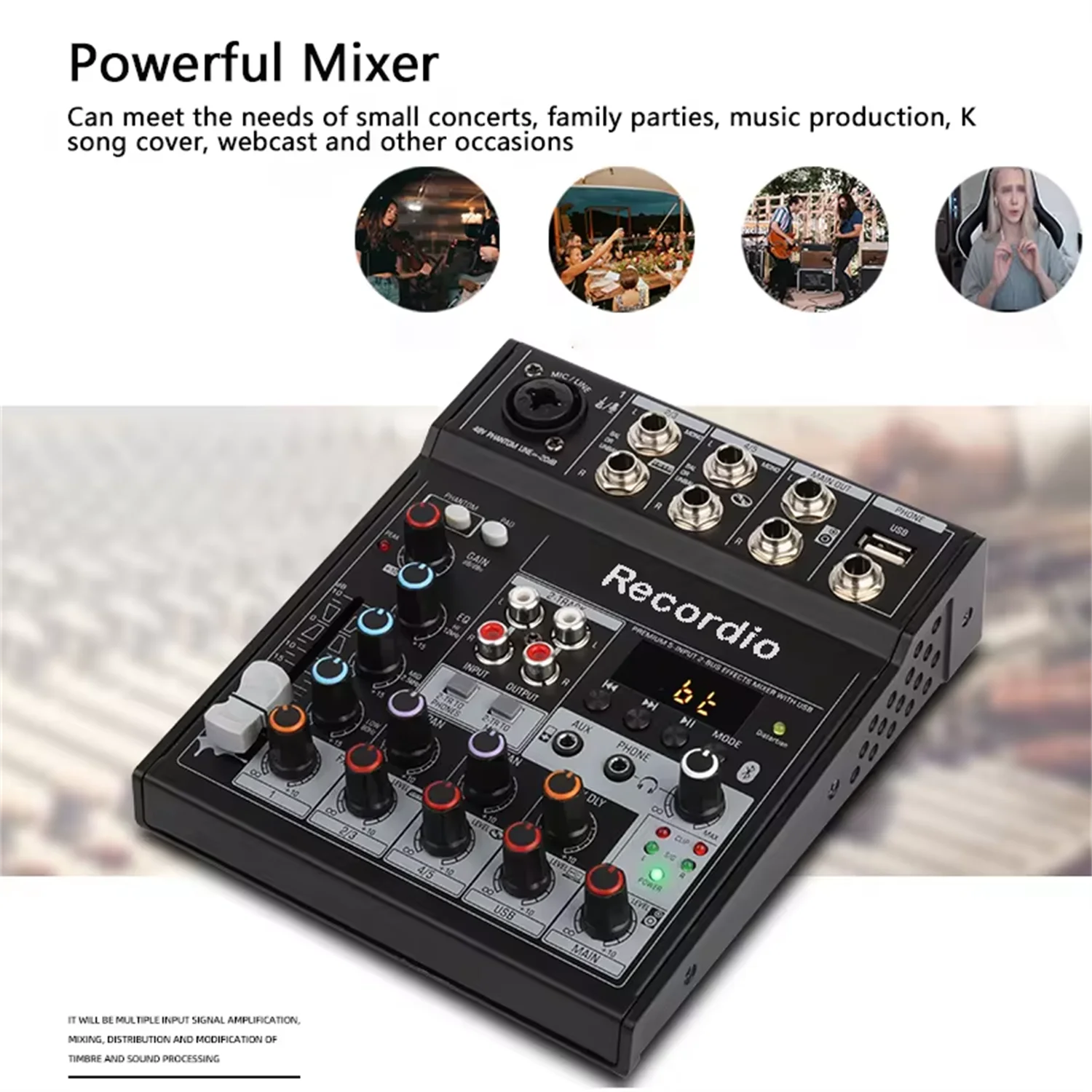GAX-TG502 야외 사운드 시스템 팟캐스터 음악가를 위한 4채널 BT 통합 믹서 DJ 컨트롤러