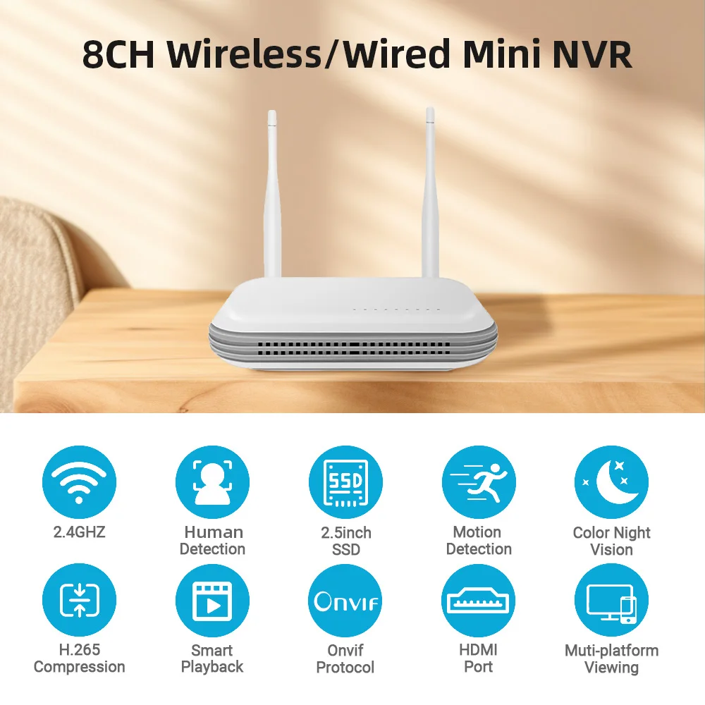 

Mini Wifi NVR 8CH 4MP 8MP ICsee WIreless Video Recorder For Surveillance Security System TF Card Slot Human Detection P2P H.265
