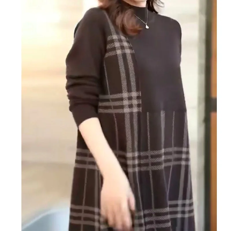 Autumn Winter Simplicity Plus Size Women's Clothing Thread Long Sleeve Knitted Midi A-line Skirt Fashion Checkered Pattern Dress