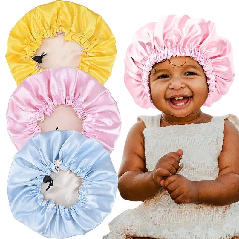 1PCS Solid Baby Silky Satin Bonnet Sleep Cap Children Girl Cute Headwrap Hat Sleeping Hat Girl Night Sleep Hair Cap Fashion Hair