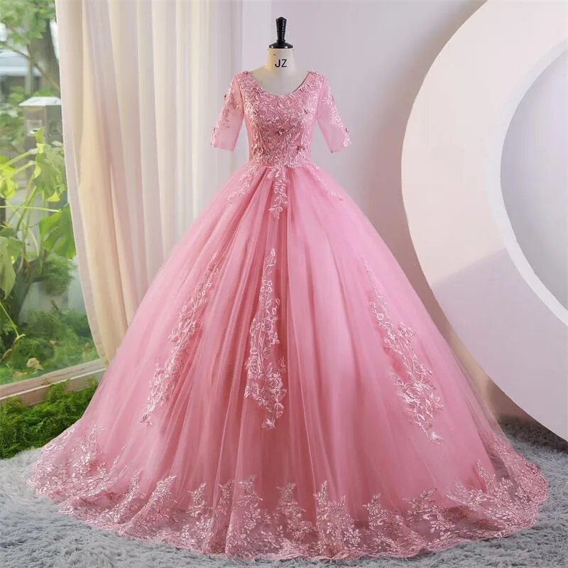 

Ashley Gloria Short Sleeve Quinceanera Dresses Elegant Pink Party Dress Classic Lace Ball Gown Real Photo Vestidos 2023 New