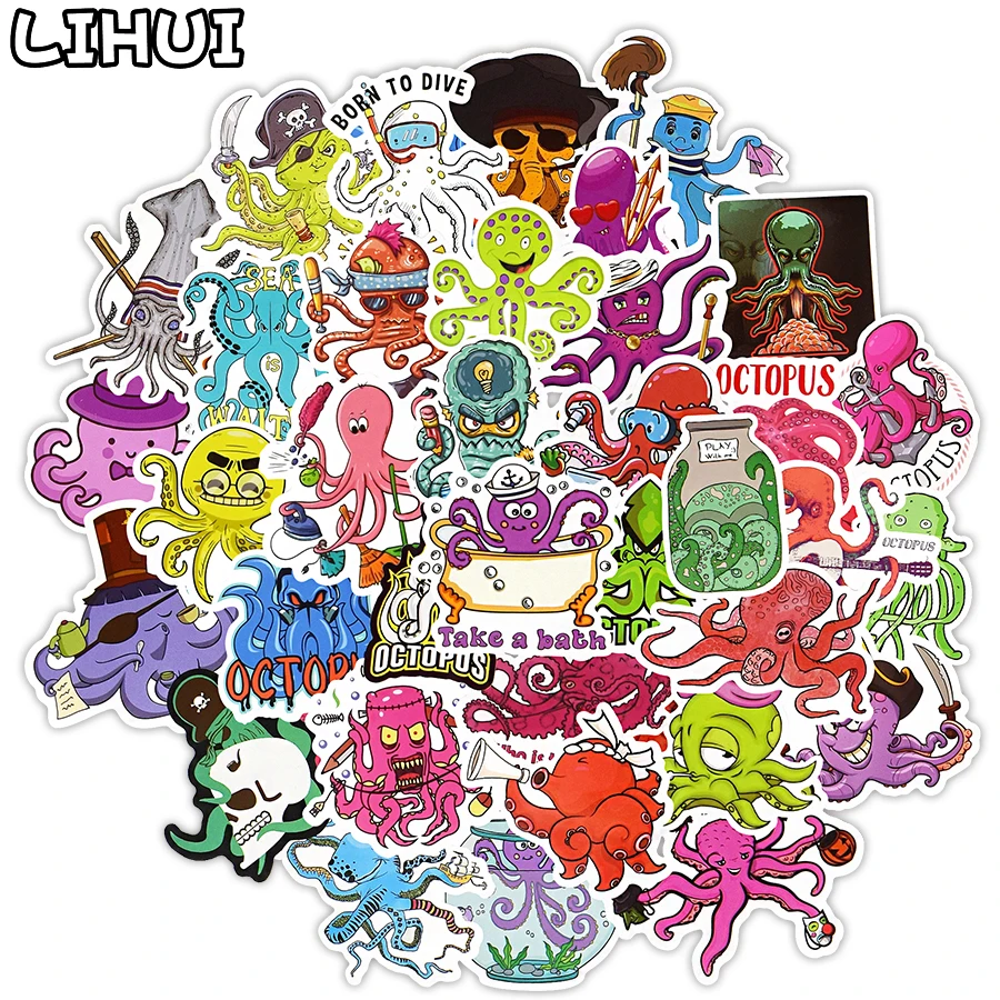 50 PCS Octopus Anime Stickers Toys for Children Ocean Animals Sticker to DIY Laptop Phone TV Fridge Bicycle Car Decal Kids Gifts 50 pcs military tank sticker toys for boys cool cartoon anime stickers for laptop phone fridge luggage moto car decals kids gift