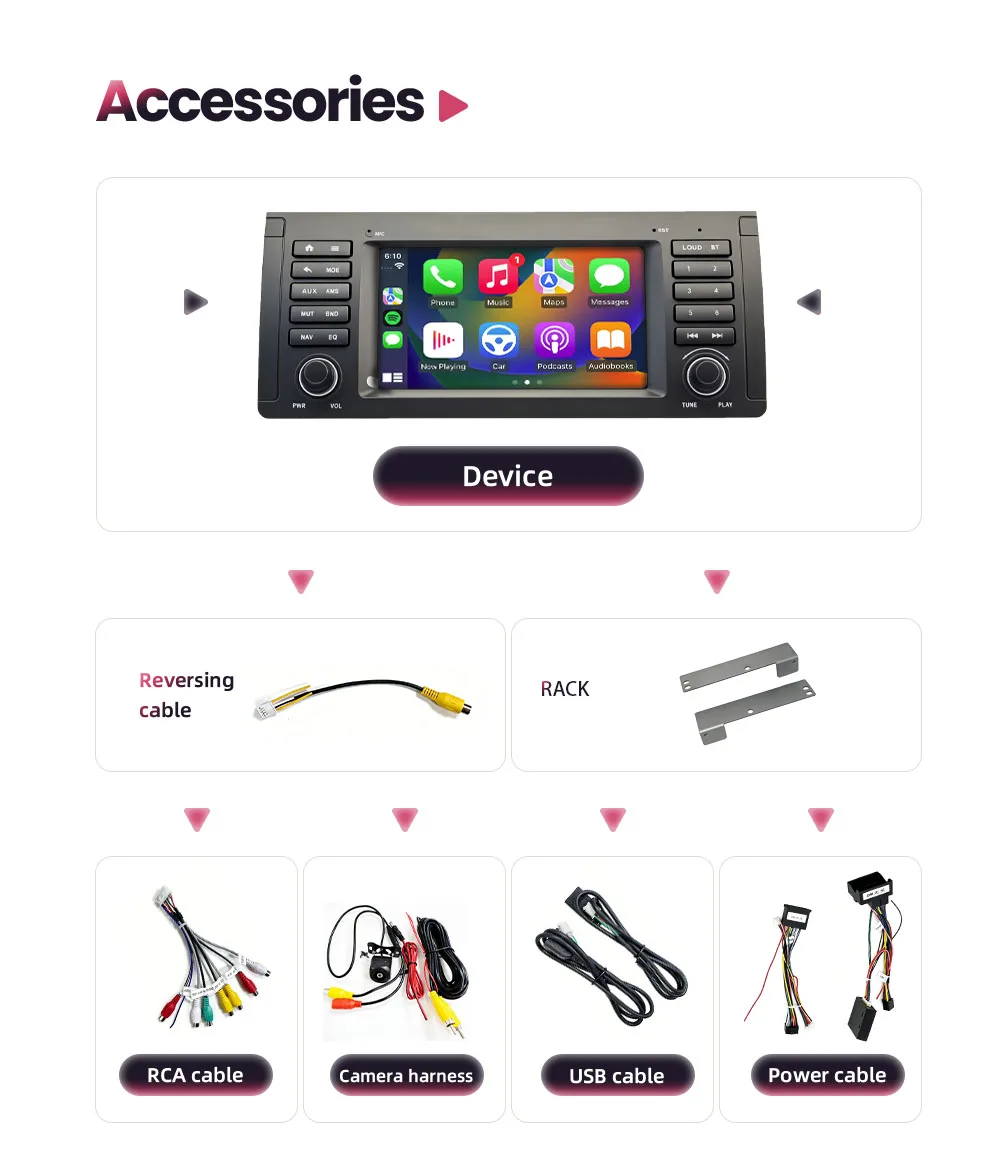 BONROAD Radio de coche de 7 pulgadas para BMW X5 E53 1999-2007, reproductor Multimedia de vídeo para coche, Apple Carplay inalámbrico, Android, RDS, DSP, navegación GPS, pantalla táctil Linux 6