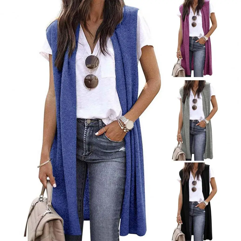 

Sleeveless Waistcoat Elegant Sleeveless Women's Mid-length Vest Coat Soft Breathable Open Stitch Cardigan for Casual Style