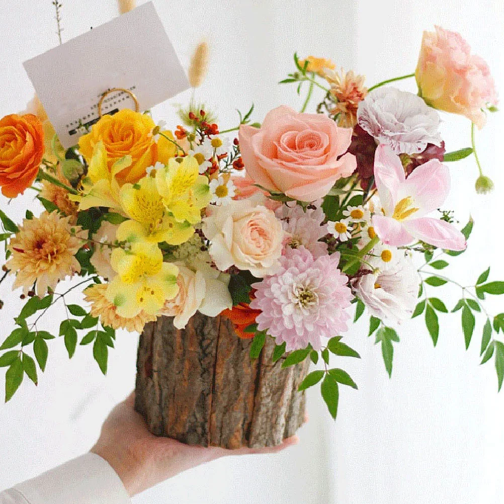 

2 Pcs Vintage Decor Bark Flower Bucket Small Plant Pot Wooden Barrel Planter Outdoor Stump