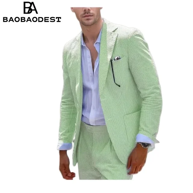 Seersucker Suit 2 Pieces Casual Summer Beach Men Suit Wedding Groom Jacket Pants Striped Suit Set 1