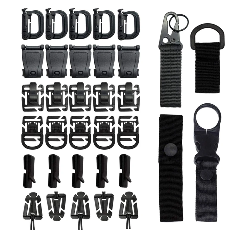 

34PCS Bag Clip Strap Set for Tactical Backpack Bag, D-Rings Locking, Web Dominator Elastic Cord and Buckles