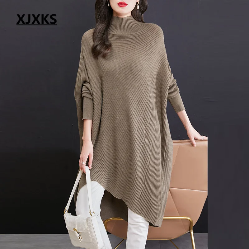 

XJXKS 2022 Autumn Winter New Women's High Neck Sweater Fashion Irregular Pullover Loose Oversize Wool Knit Sueters De Mujer