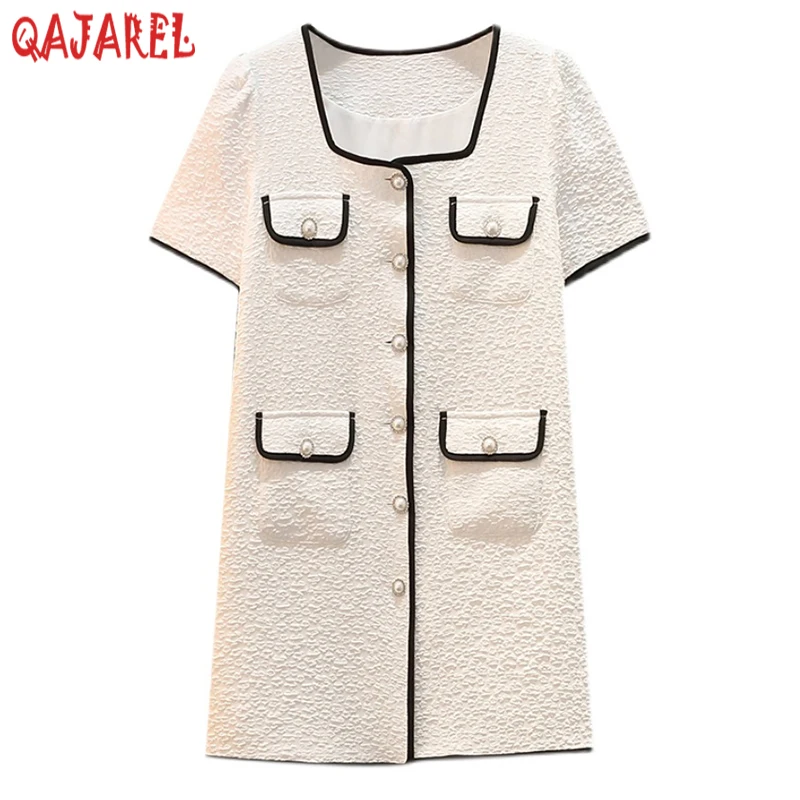 

Women White Jacquard Short Sleeve Mini Dress 2024 Black Korean Vintage Hepburn Dress Summer Elegant Bodycon Casual Party Dresses