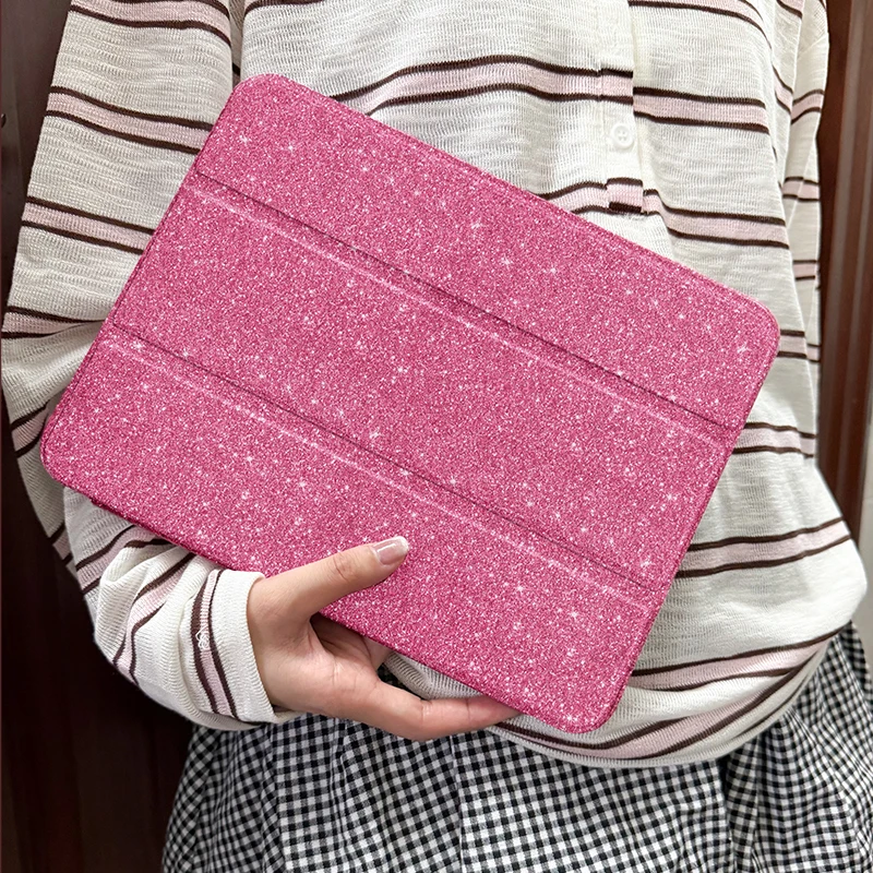Sparkle Pink/Purple Foldable iPad Case with Pen Slot and Auto Wake/Sleep