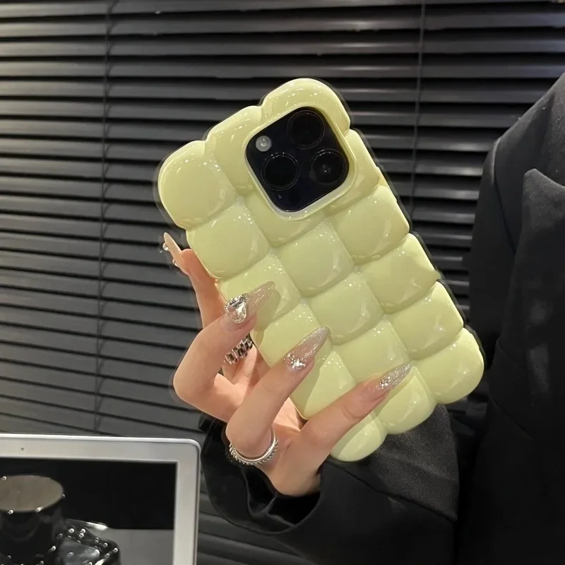 Cute Cartoon 3D Block Lattice Case for iPhone 15 14 13 16 Pro Max 12 11 Glossy Candy Solid Color Soft Silicone Shockproof Cover 3