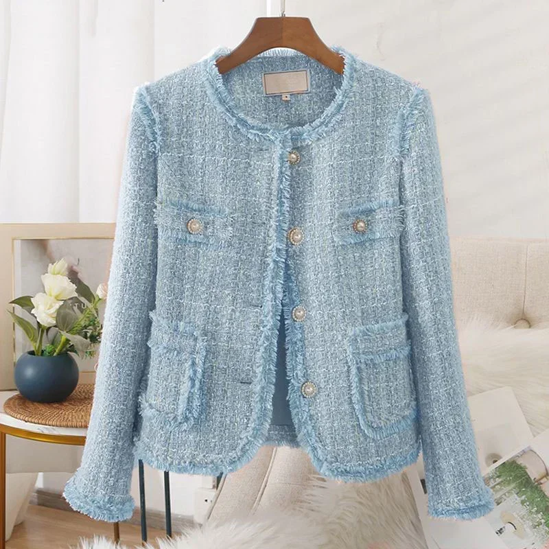 Women Blazers Korean Chic Tweed Spring Autumn Elegant Lady Coats Single-breasted Long Sleeve Suits Female Office Blazer Jacket R