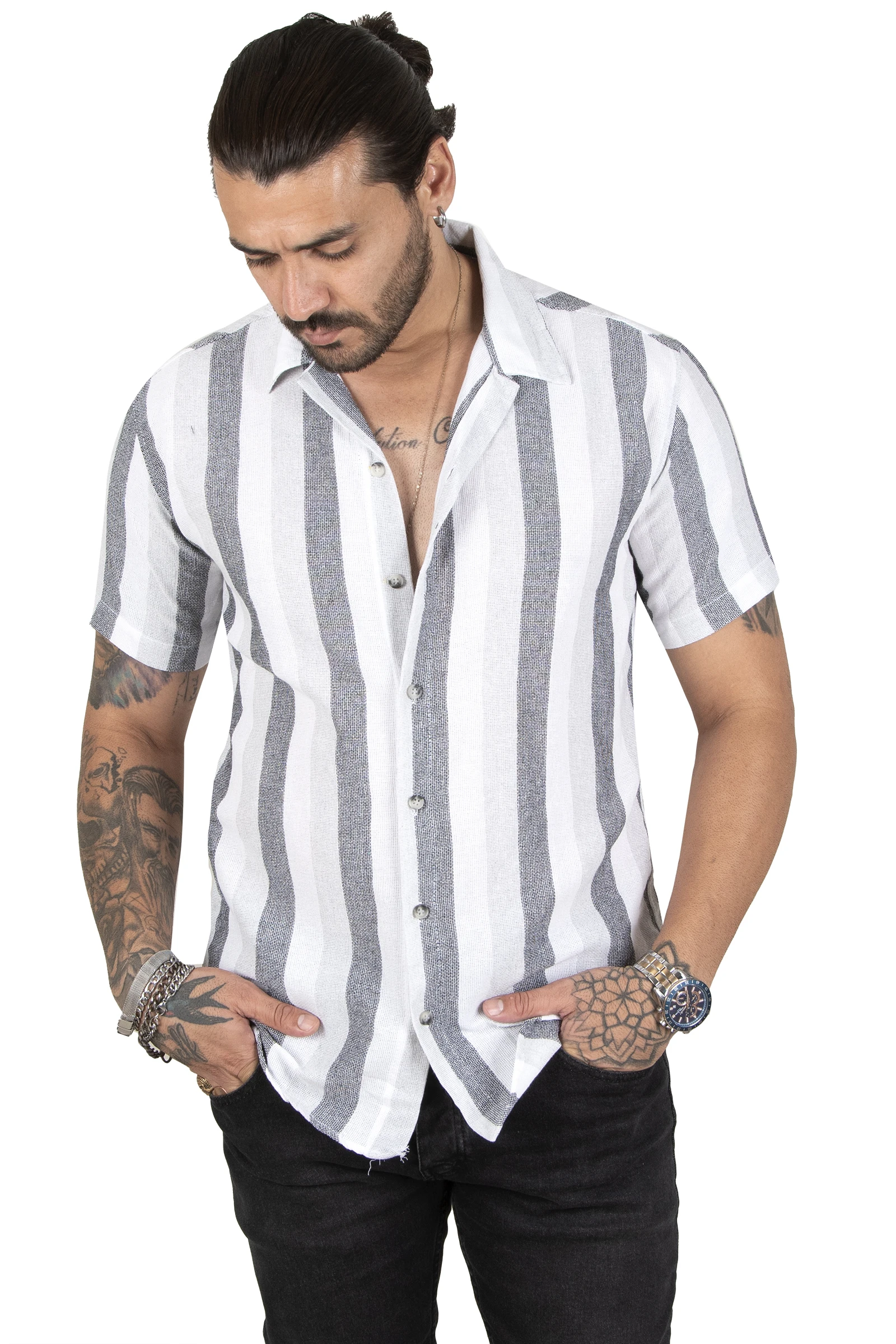 DeepSEA Striped Short-Sleeve Linen Men Shirt 2201918