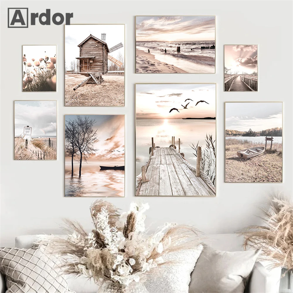 

Sunset Beach Bridge Canvas Poster Windmill Art Prints Canoe Boat Wall Painting Flower Dried Grass Posters Picture Bedroom Decor
