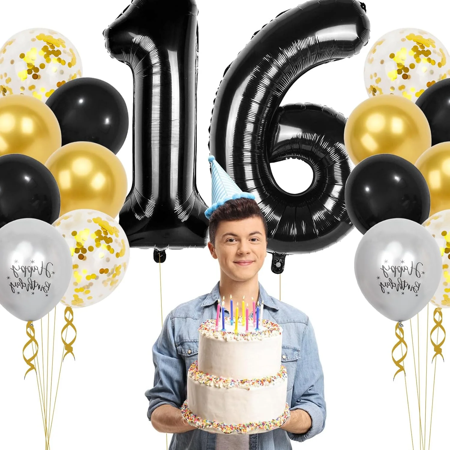 40 Zoll Schwarze Große Zahlen 16/18/21/30/40/50/60 Jahre Set mit Glitzer-Latexballons für Erwachsene Männer Geburtstagsdekoration – Detail 27