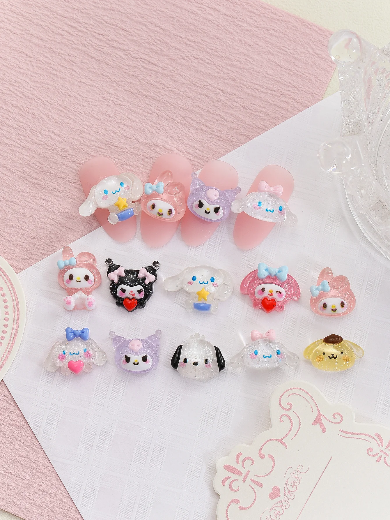 50Pcs/Bag Cartoon Nail Accessories Hand-painted Resin Kuromi Pochacco Hallo Kitty Cinnamon Fruit Melody Accessories