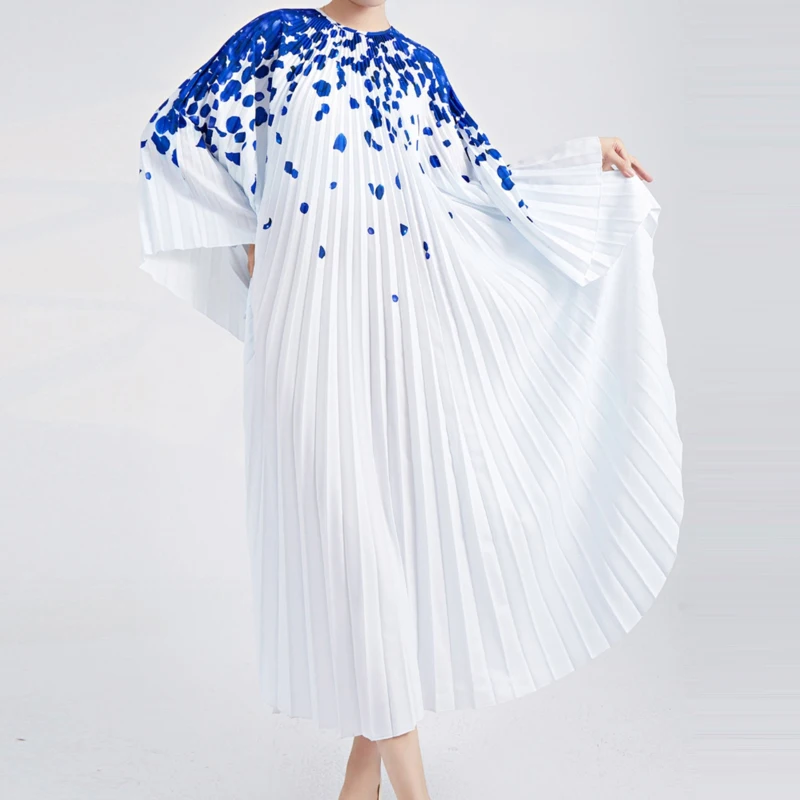 

Women Casual Pleated Print Dress Fashion Batwing Sleeve O-neck Irregular Dresses Elegant Ladies Oversize Vestidos Summer 2023