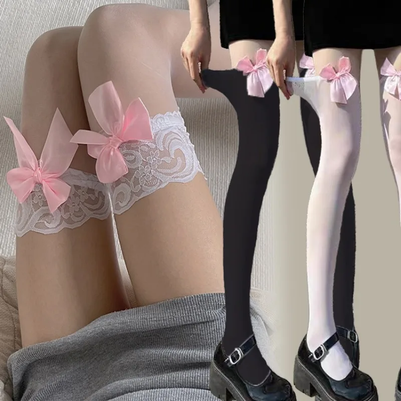 Rosa Schleife Spitzenstrümpfe Frauen Sexy dünne Nylon kniehohe Seidensocken Oberschenkelhohe lange Strümpfe Lolita Mädchen Overknee-Socken