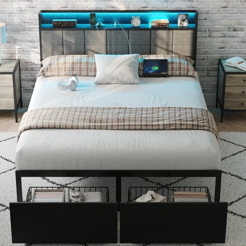 

Queen Size Bed Frame with Headboard and Storage, Drawers Platform Bed Frame with Storage Chargin Station LED Light Bed Frame