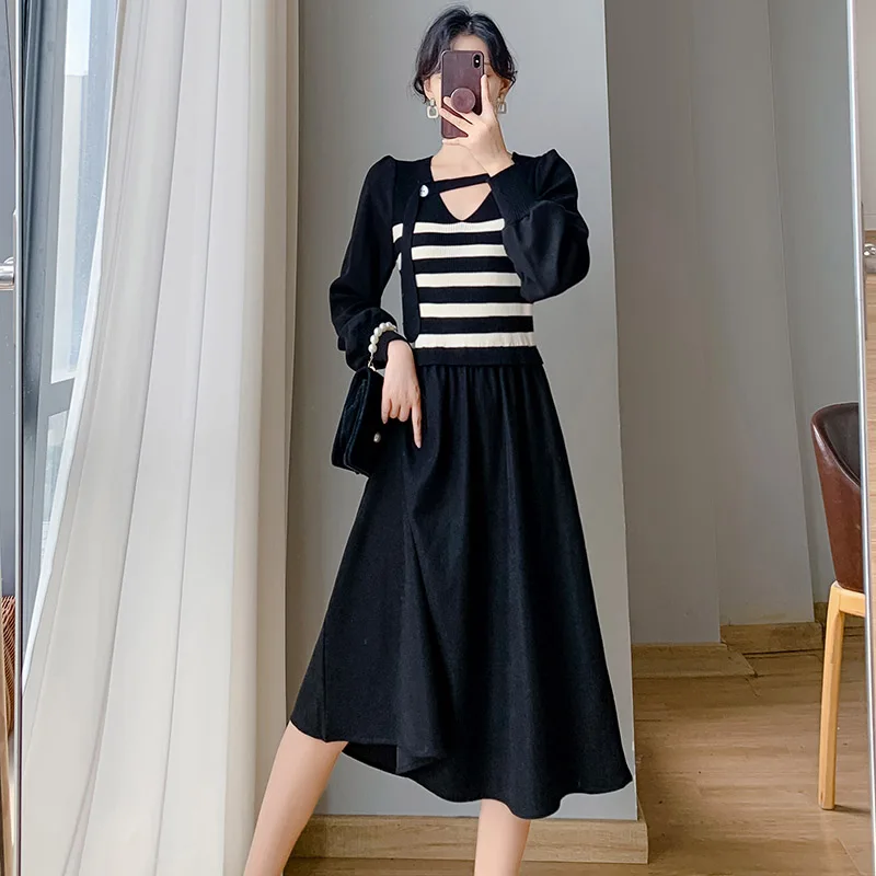 

Office Ladies Long Sleeve V Neck Striped Knitted Dresses Women Clothes Autumn Winter 2023 French Temperament Pullover Long Dress