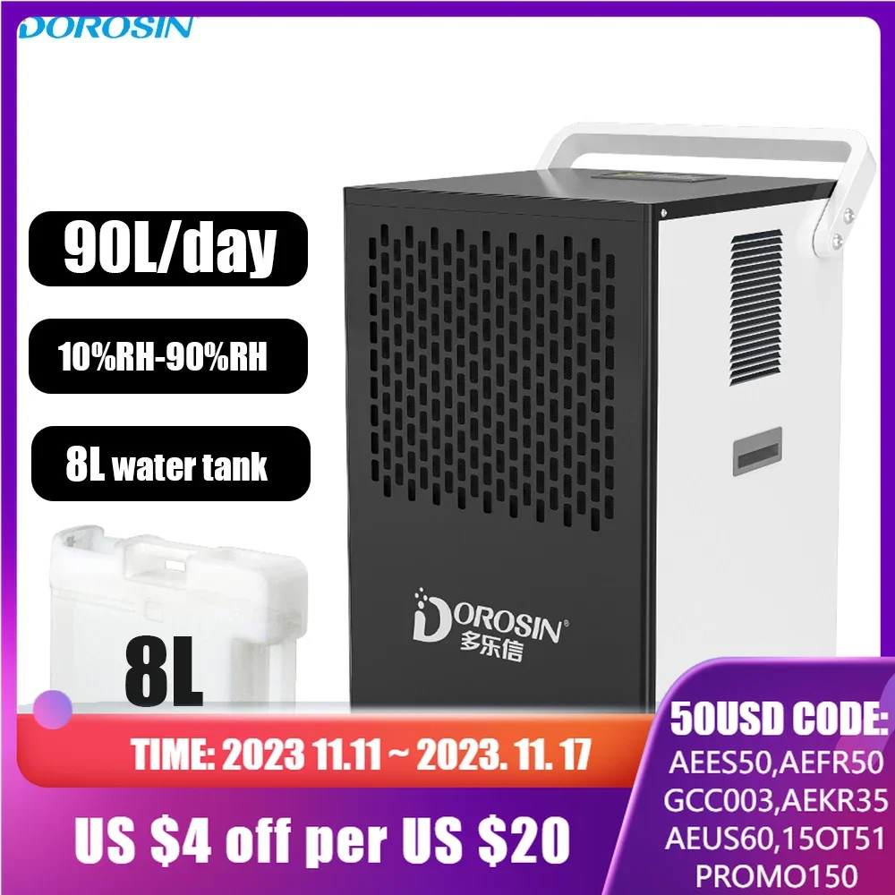 

DK-90 Коммерческий осушитель 10% RH-90% RH Осушитель воздуха с регулируемой влажностью с 8-литровым резервуаром для воды Электрическая сушильная машина для склада