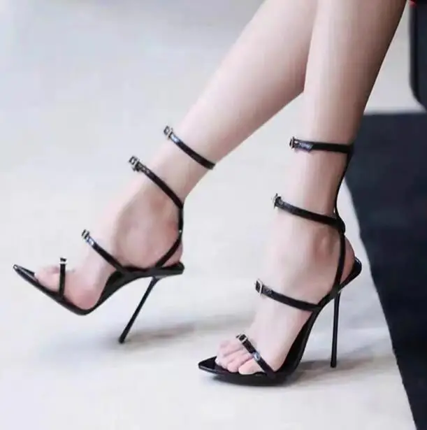

Drop Shipping Black Leather Narrow Bands Four Buckles Sexy Summer Sandal Women Open Pointed Toe Ankle Strap Thin Heels Shoes